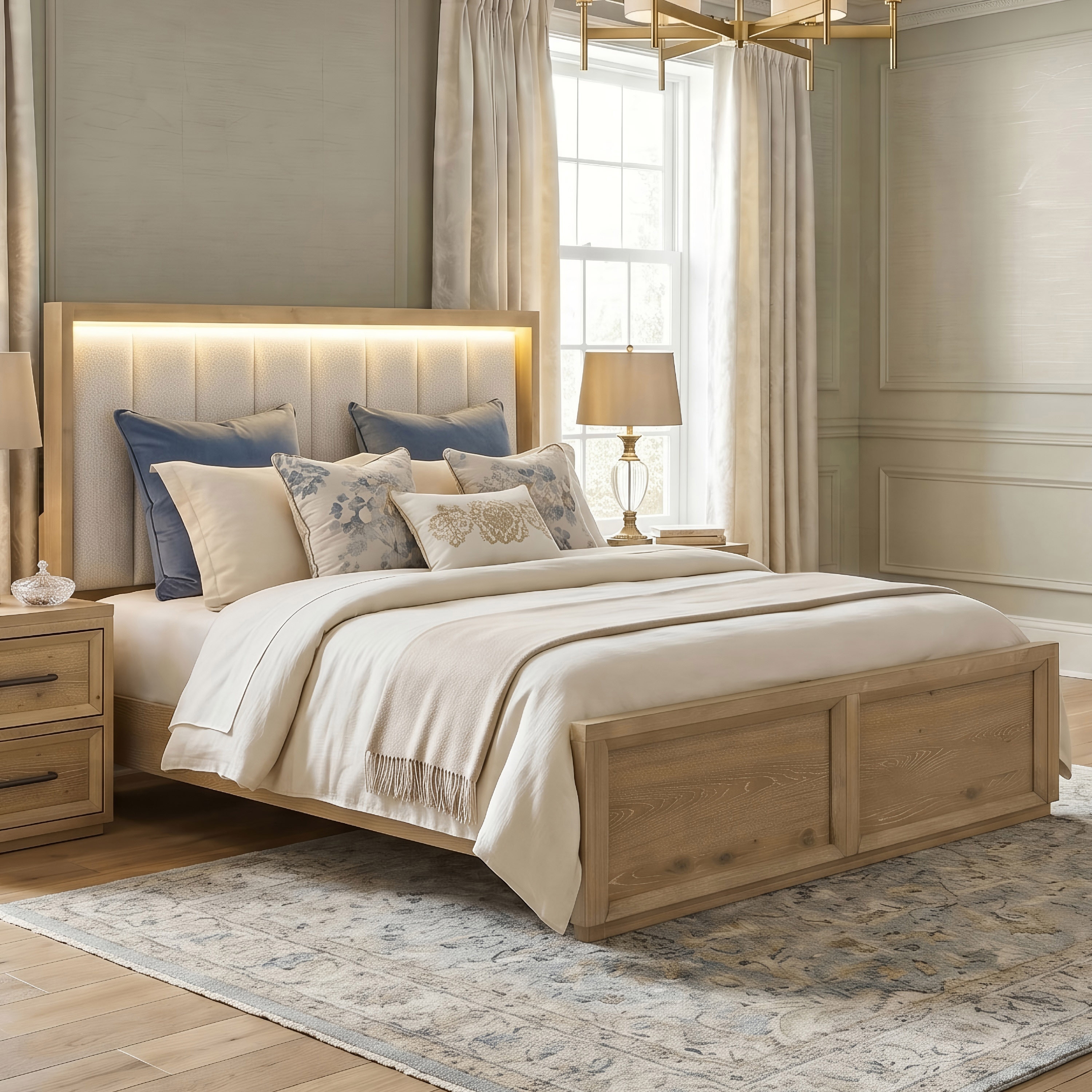 Furniture of America Tupho Natural Wood Panel Bed with LED Lighting