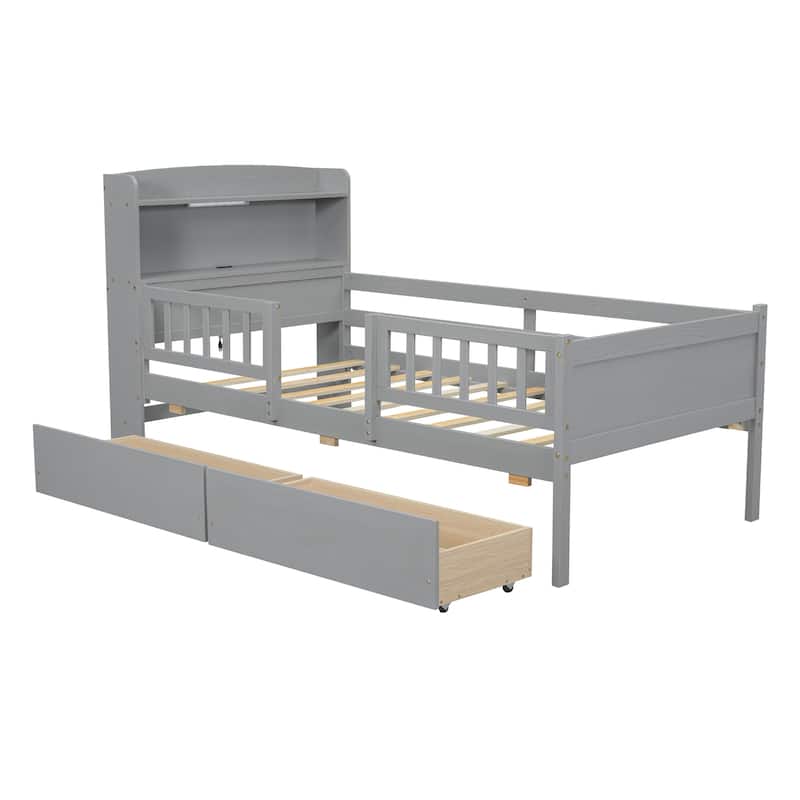Twin Size Platform Bed with LED Headboard, 2 Storage Drawers, USB Ports, and Guardrails