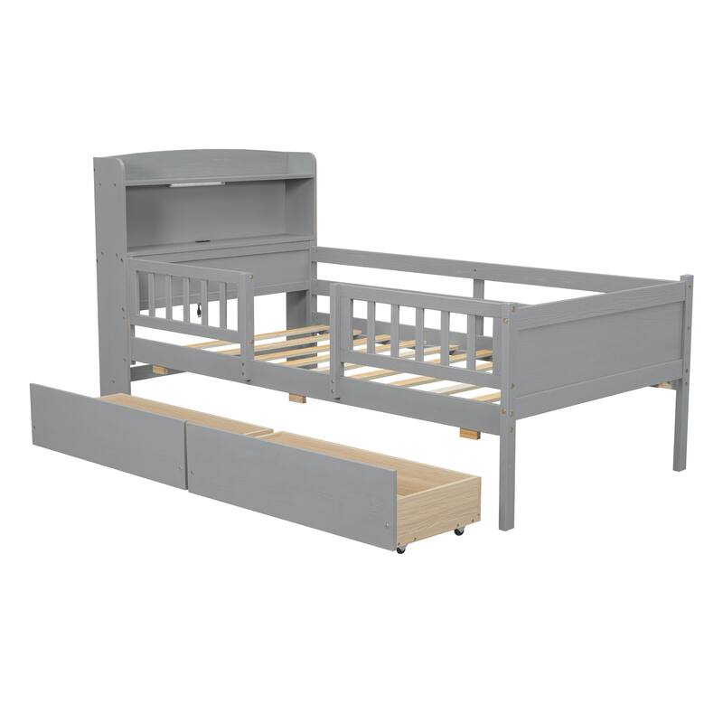 Wood Platform Bed with Built-in LED Light, Multi-functional Headboard, Guardrail and 2 Drawers