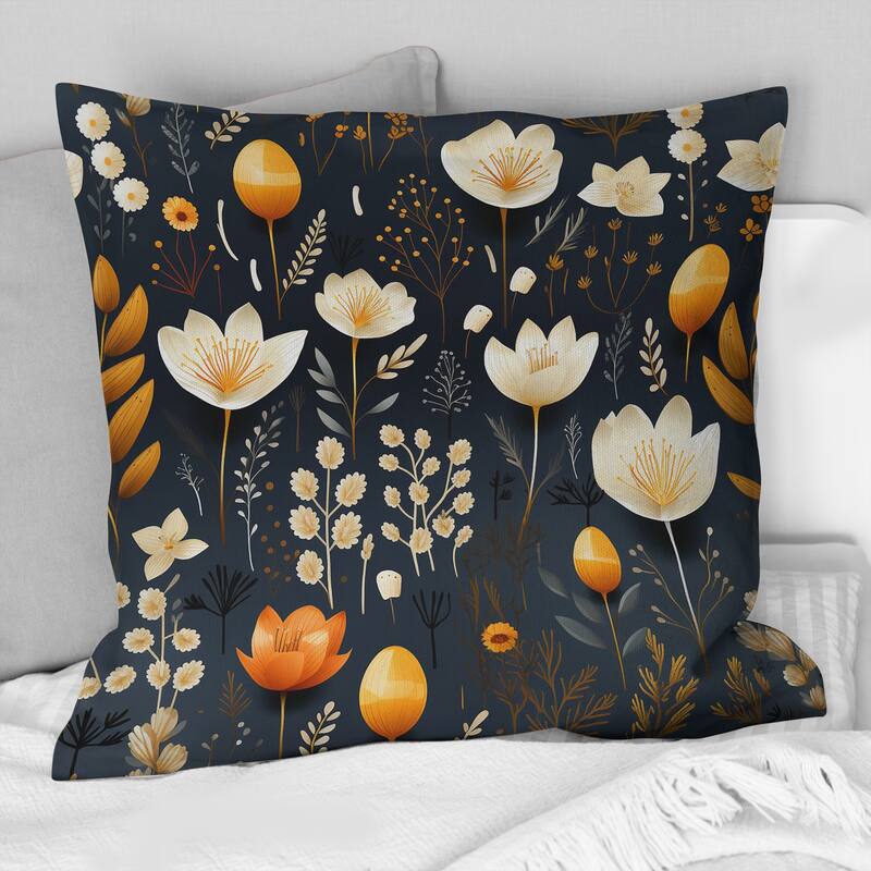 Designart "Woodland Autumn Orange And Blue Cottage Flowers" Floral Printed Throw Pillow - 16 x 16