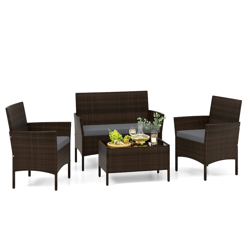 Gymax 4 Piece Patio Rattan Conversation Set Outdoor Wicker Furniture