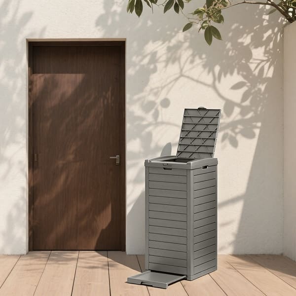 slide 2 of 9, 31 Gal. Waterproof Resin Outdoor Trash Can Storage with Tiered Lid and Drip Brown