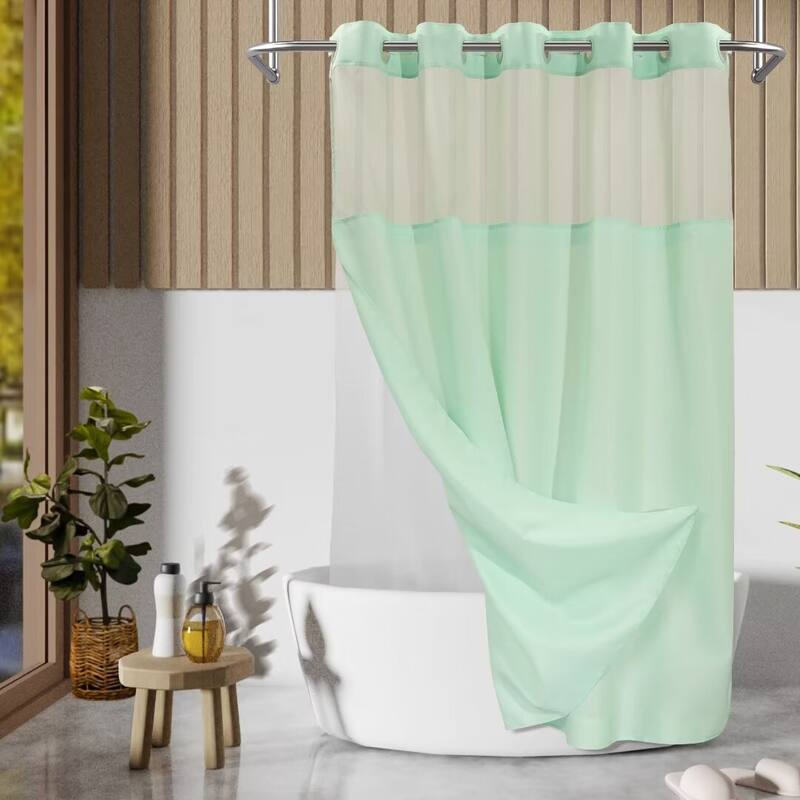 No Hook Slub Linen Texture Shower Curtain with PEVA Snap-in Liner
