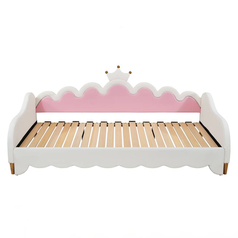 Twin Extending Daybed with LED Lights, Modern Upholstered Princess Daybed With Crown Headboard