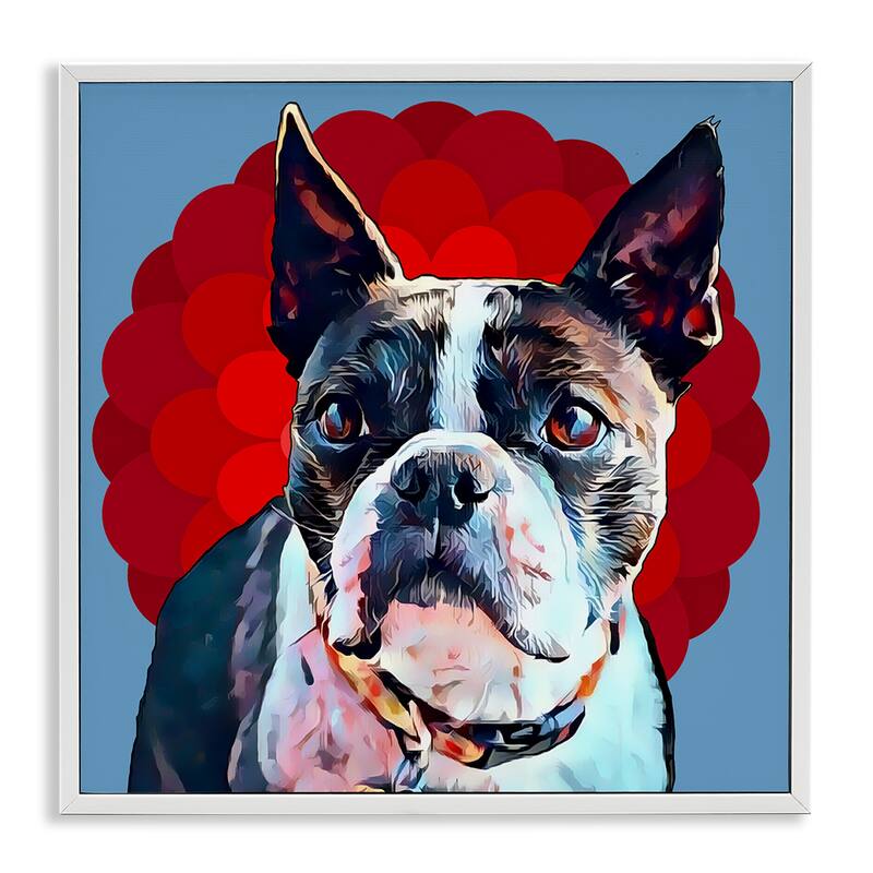 Stupell Boston Terrier Dog Portrait over Geometric Curved Pattern Framed Wall Art,12x12 - 12 x 12 - White