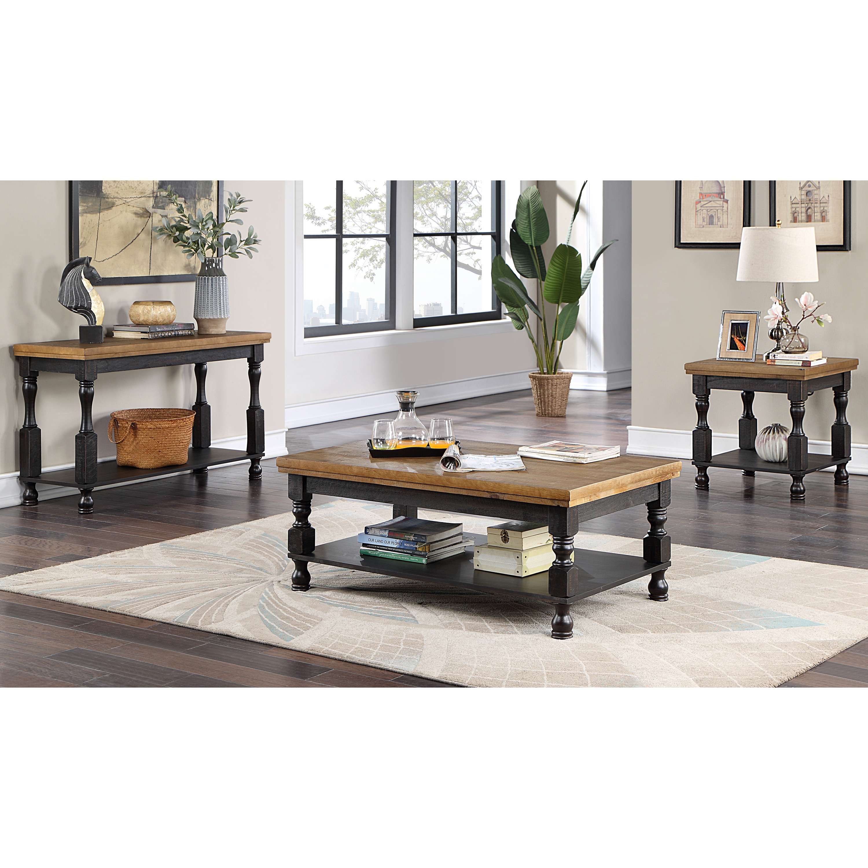 Furniture of America Harrington Farmhouse 3 Piece Coffee Table Set with Shelf Antique Black