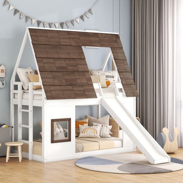 slide 2 of 19, House Bunk Beds with Slide, Wood Twin Over Twin Bunk Beds with Roof, Window, Ladder and Guardrails for Kids Teens White+Brown