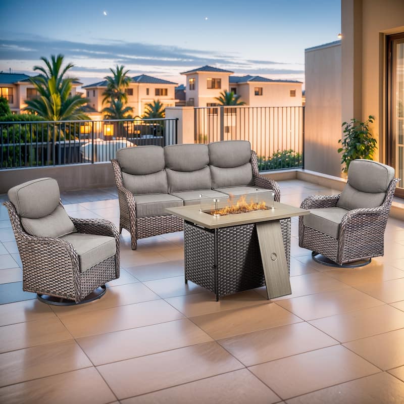 Pocassy 4PCS Outdoor 6Inch Sofa Swivel Chair w/ Fire Pit Table - Gray cushion - Brown Wicker