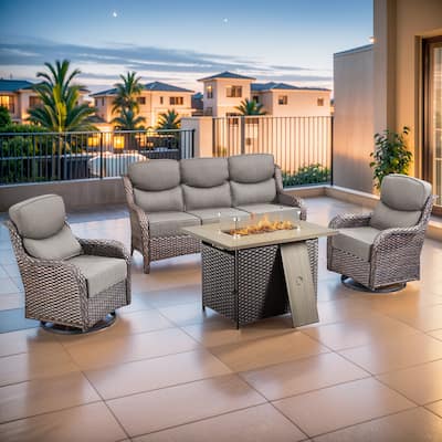 Pocassy 4 Pieces Outdoor 6 Inch Sofa Swivel Chair with Fire Pit Table