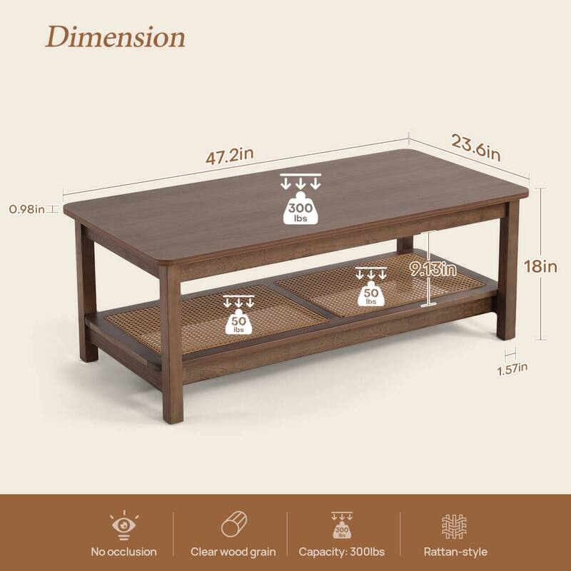2-Tier Rectangular Coffee Table with Rattan Storage Shelf - 47.2"L x 23.6"W x 18"H