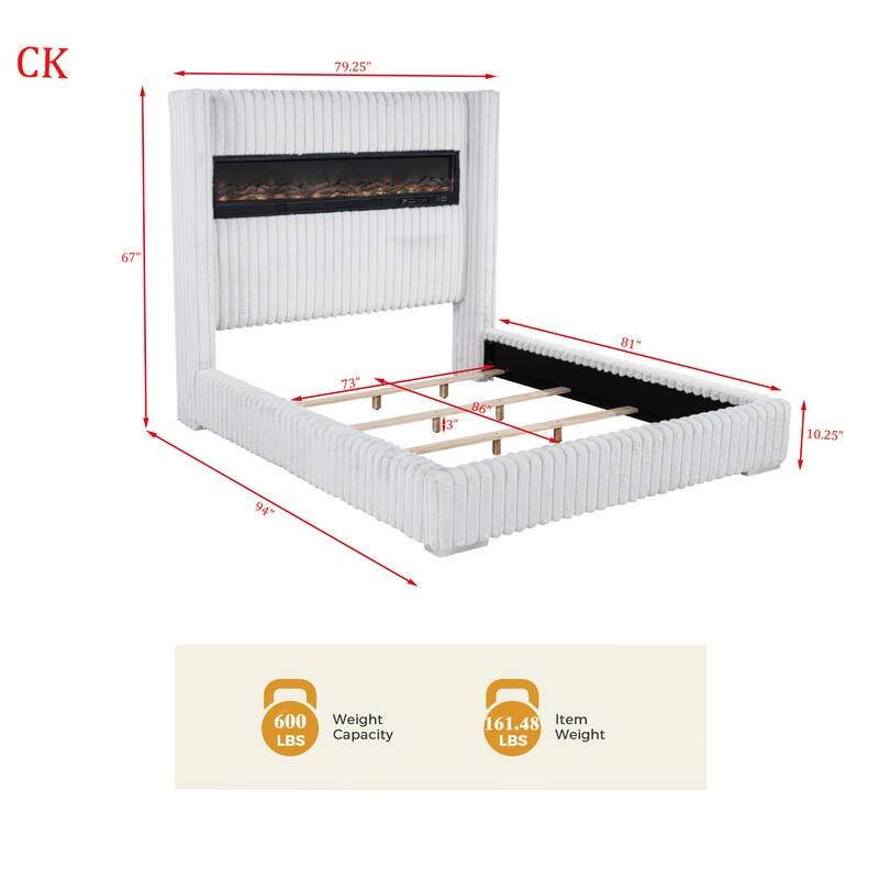 Best Master Furniture Noemie Luxe Modern Upholstered Velvet Panel Bed with Integrated Fireplace Display