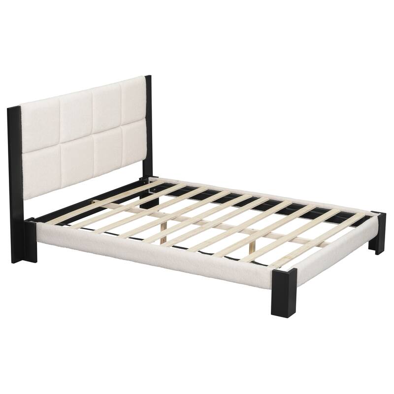 Roomfitters Queen Boucle Platform Bed Frame with Square-Stitched Headboard, Upholstered Mid-Century Modern Mattress Base, Beige