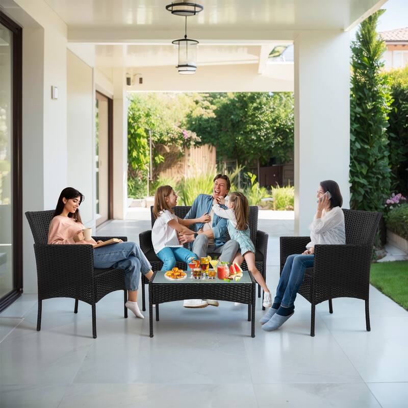 4 Piece Patio Conversation Wicker Furniture Set, Outdoor Rattan Sectional Furniture Set With Cushions