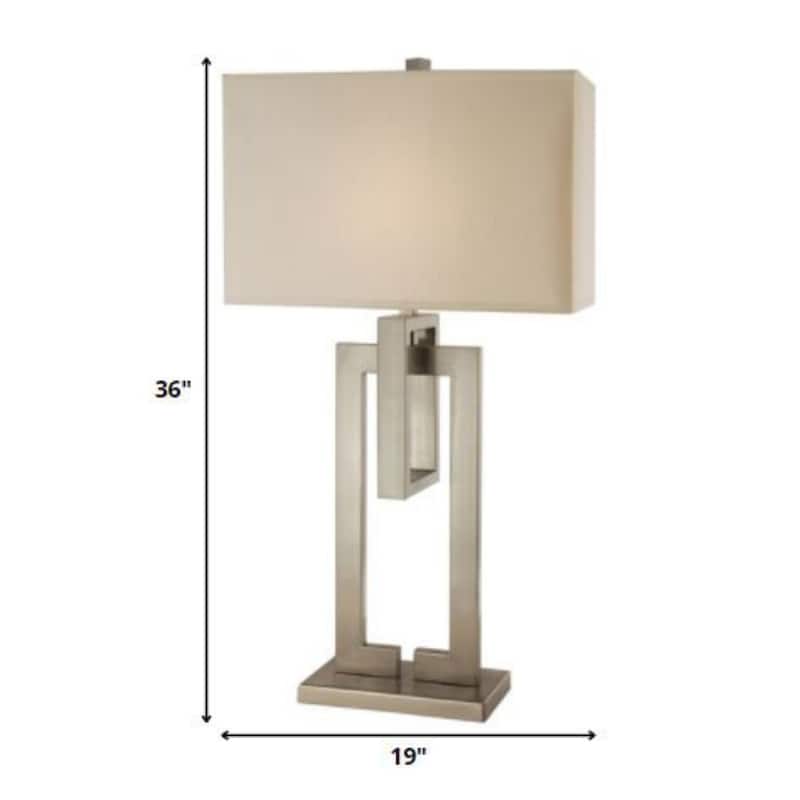36 Inch Nickel Iron Geometric Table Lamp with Ivory Fabric Shade - 10" x 19" x 36"
