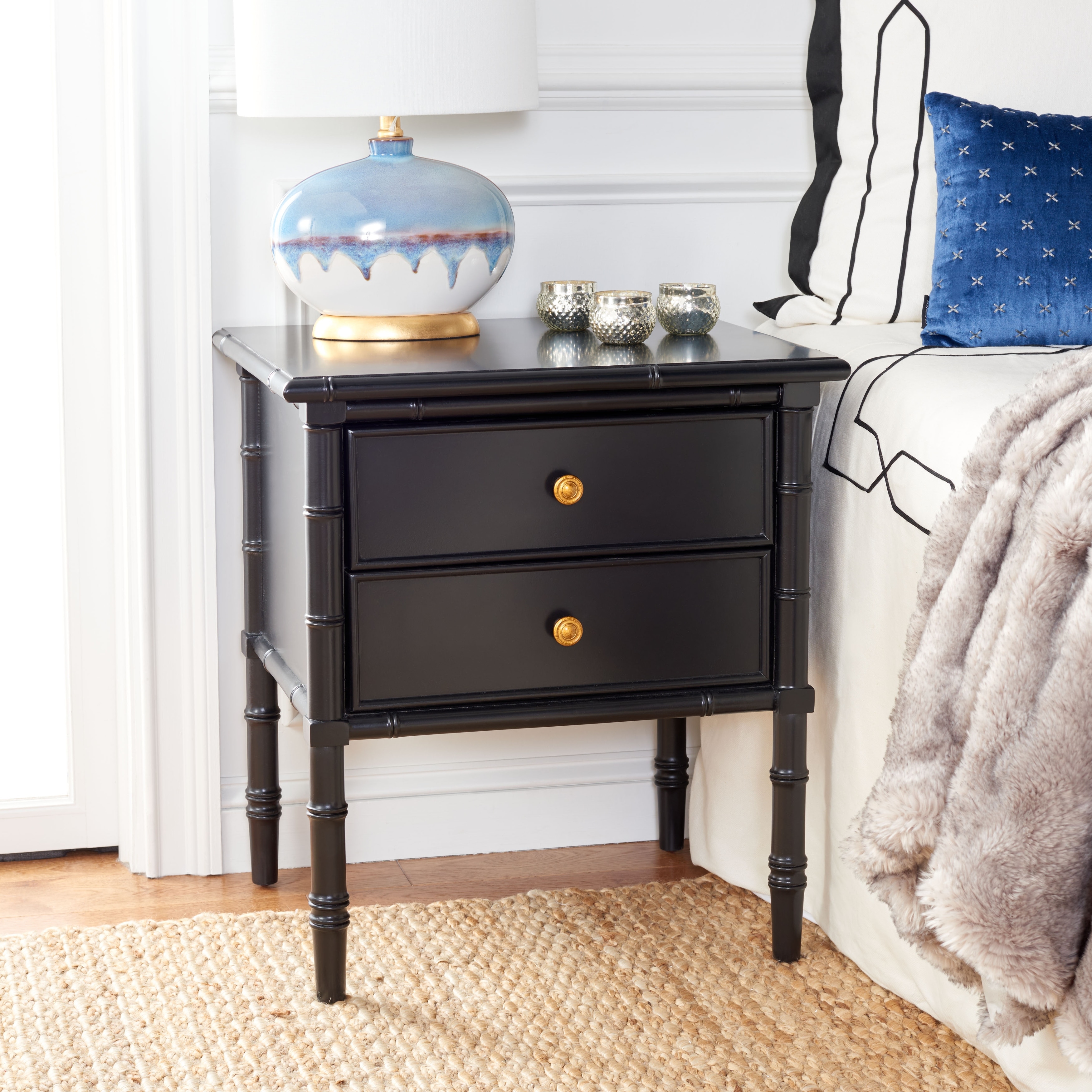 SAFAVIEH Mina Navy Coastal 2 Drawer Bamboo Nightstand On Sale