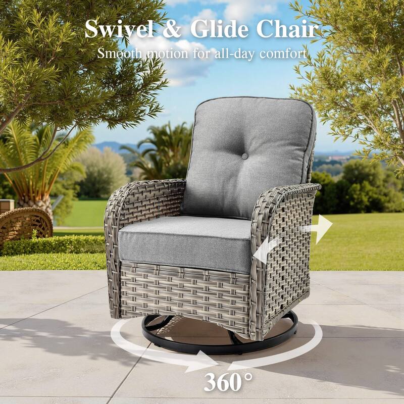 OVIOS 6 Pieces Wide Arm T shaped Seat Curved Swivel Chair Set With Solar-Powered Table