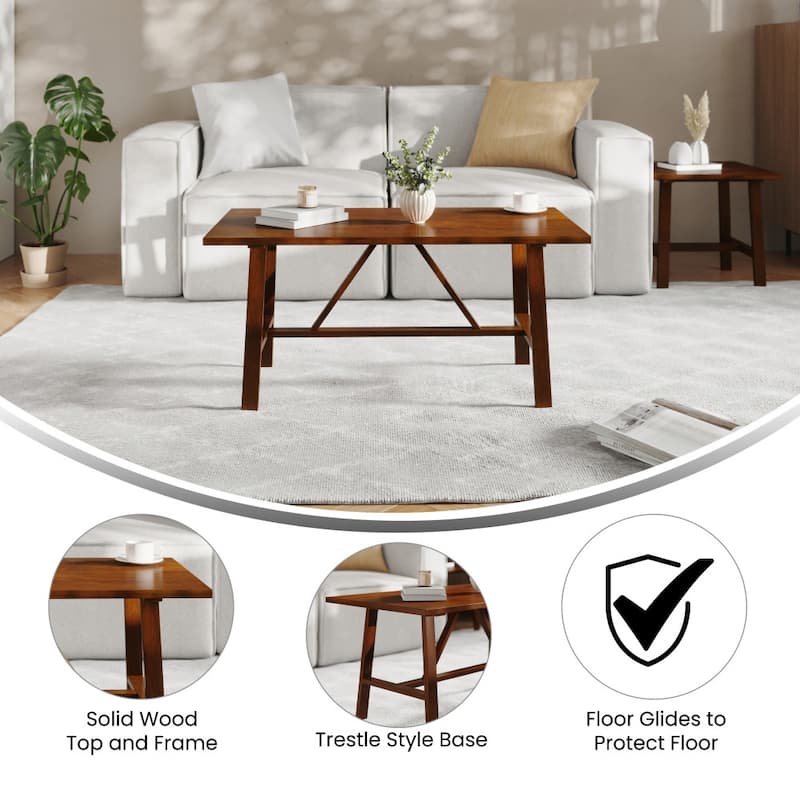 Farmhouse Style Trestle Base Solid Wood Coffee Table