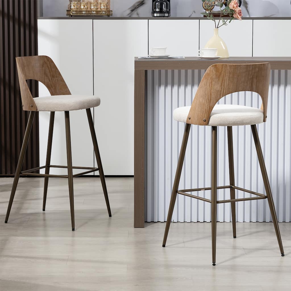 Set of 2 Bethan Beige Boucle Fabric Bar Stool with Wood Back