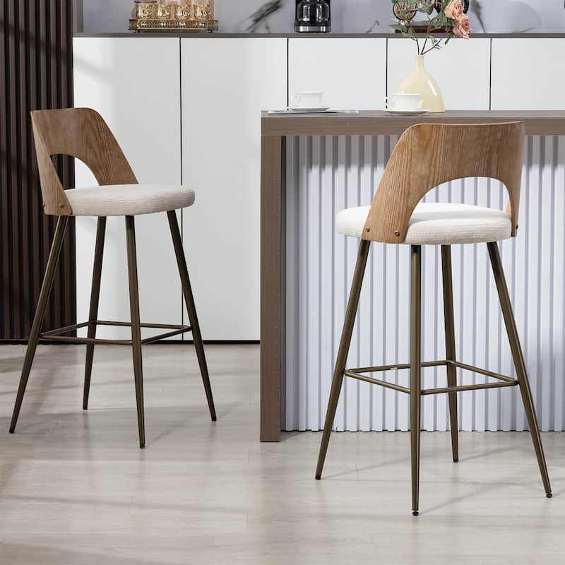 Set of 2 Bethan Beige Boucle Fabric Bar Stool with Wood Back