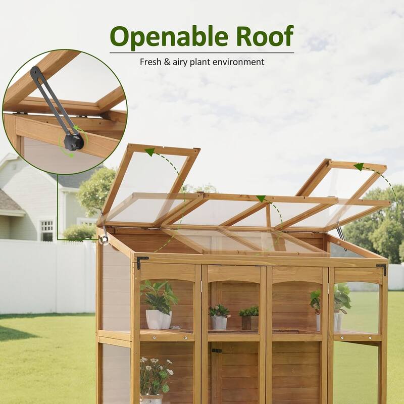 MCombo Walk-in Greenhouse with Openable Roof and Lockable Door, Solid Wood 0899