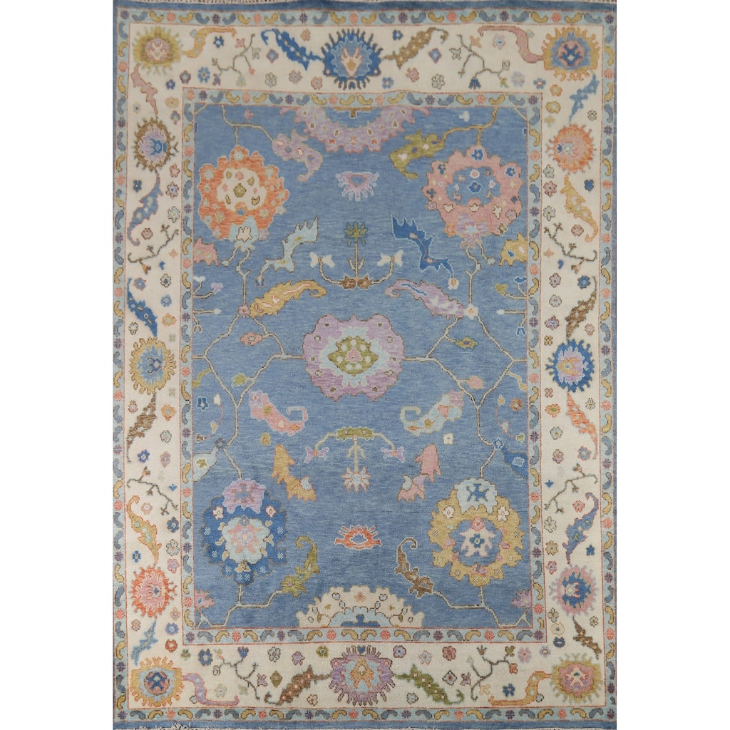 Blue Oushak Oriental Area Rug Hand-Knotted Wool Carpet - 7'9"x 10'2"
