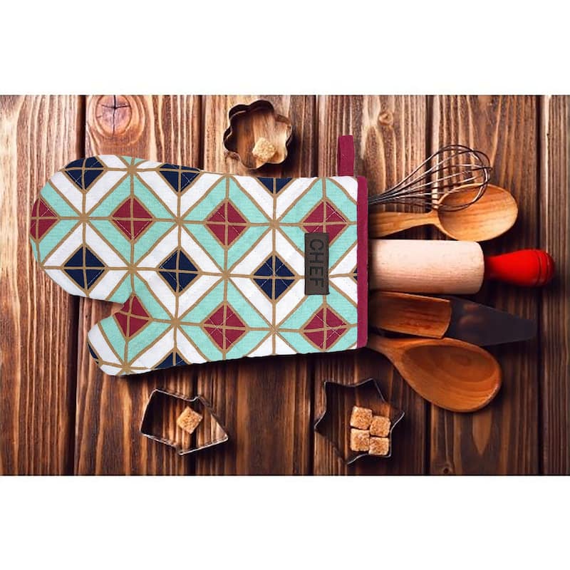 Chef's Vibrant Geometric Design Cotton Oven Mitt - Heat Resistant 11x7 Inch - Stylish Kitchen Essential - 11"L x 7"W x 1"H