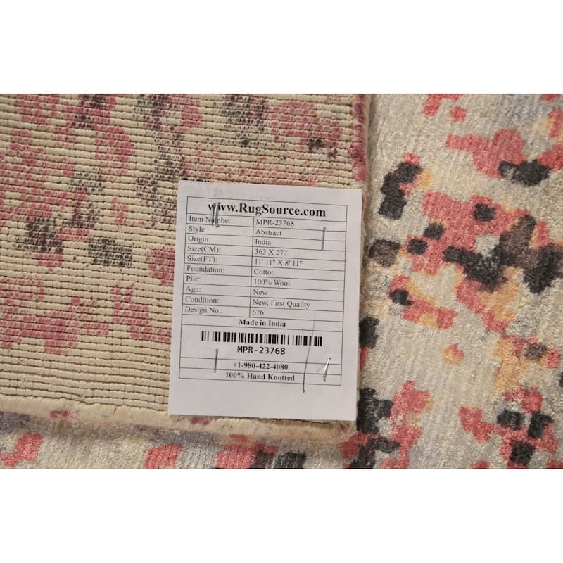 Modern Abstract Indian Rug Hand-Knotted Oriental Wool Carpet - 8'11"x 11'11"