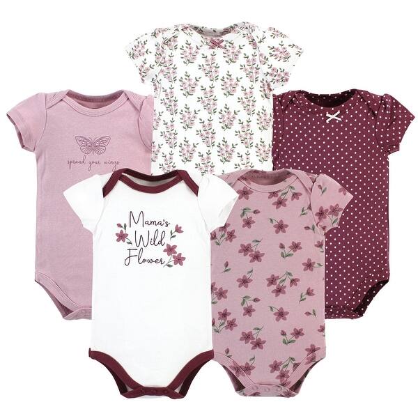 slide 1 of 1, Hudson Baby Infant Girl Cotton Bodysuits, Plum Wildflower 5 Pack 0-3 Months - Plum Wildflower 5 Pack