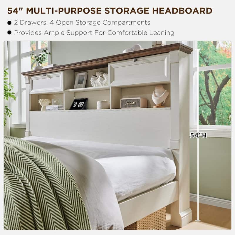 Farmhouse King Size Bed Frame with 54" Tall Storage Bookcase Headboard