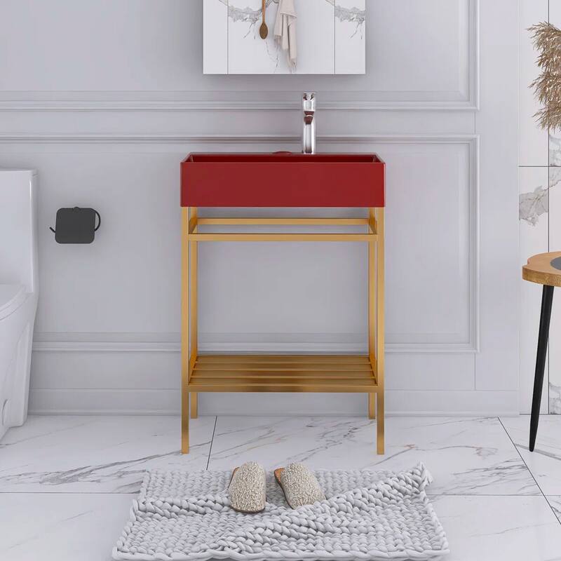 24" Freestanding Bathroom Vanity with Ceramic Sink - 23.62'' x13.98'' x 33.46'' - Gold and Red