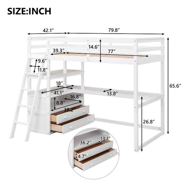 dimension image slide 1 of 2, Twin Size Loft Bed with Desk and Shelves, Two Built-in Drawers