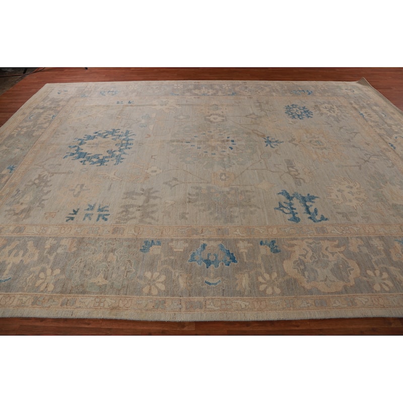 Hand Knotted Oriental 100% Wool Carpet Transitional All-Over Beige & Ivories Oushak Area Rug - 13' 11'' X 10' 1''