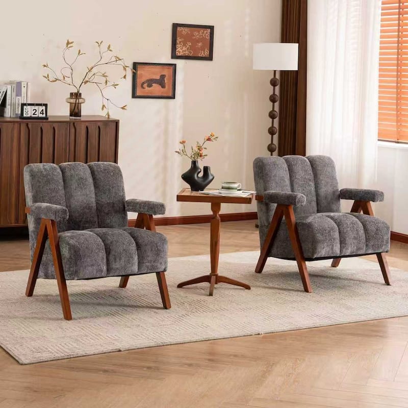 Mid Century Modern Accent Chair, Chenille Armchair with Solid Wood Legs, Channel Tufted Comfy Reading Chair for Living Room