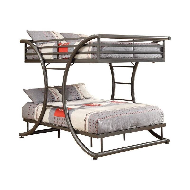 Metal Full Over Full Bunk Bed with Arched Framework and Ladders, Gray