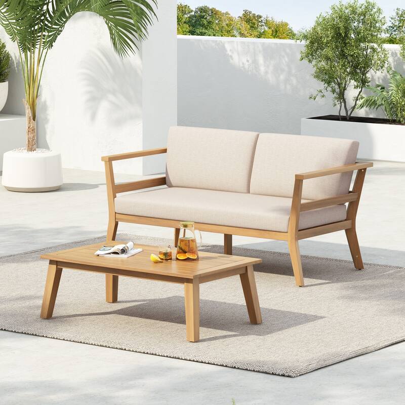 Scott Living - Aisling Outdoor Acacia Wood Loveseat and Coffee Table with Cushions - Light Teak + Beige Cushion