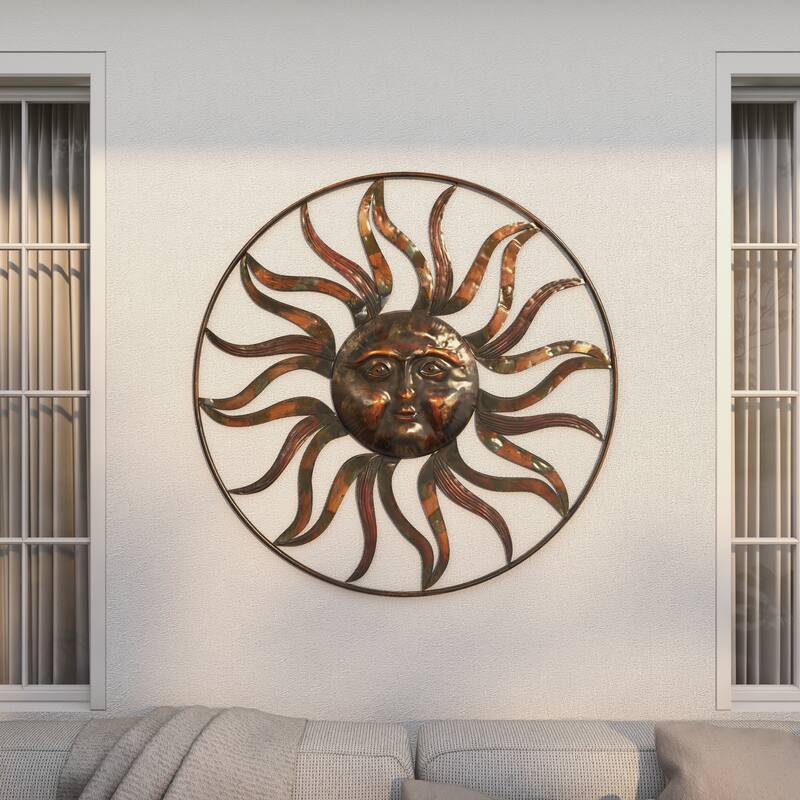 Brown Metal Indoor Outdoor Sun Home Wall Decor with Colorful Painted Accents