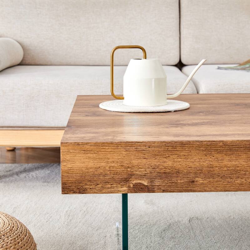 Square MDF Coffee Table - 31.5"x31.5" with Tempered Glass Legs.Density Board Sticker,Reinforced Glass Legs