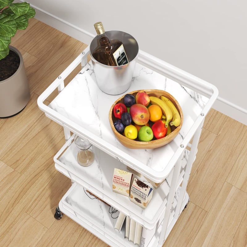 3-Tier Rolling Serving Bar Cart, Wood and Metal Kitchen Island Storage Cart with Wheels, Multifunction Utility Drink Cart