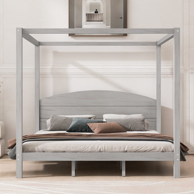 Canopy Platform Bed with Headboard and Footboard,With Slat Support Leg - Grey - King