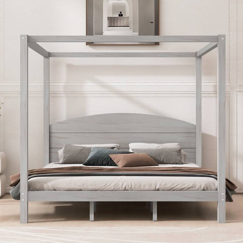 Grey Wash King Size Canopy Platform Bed with Headboard and Support Legs