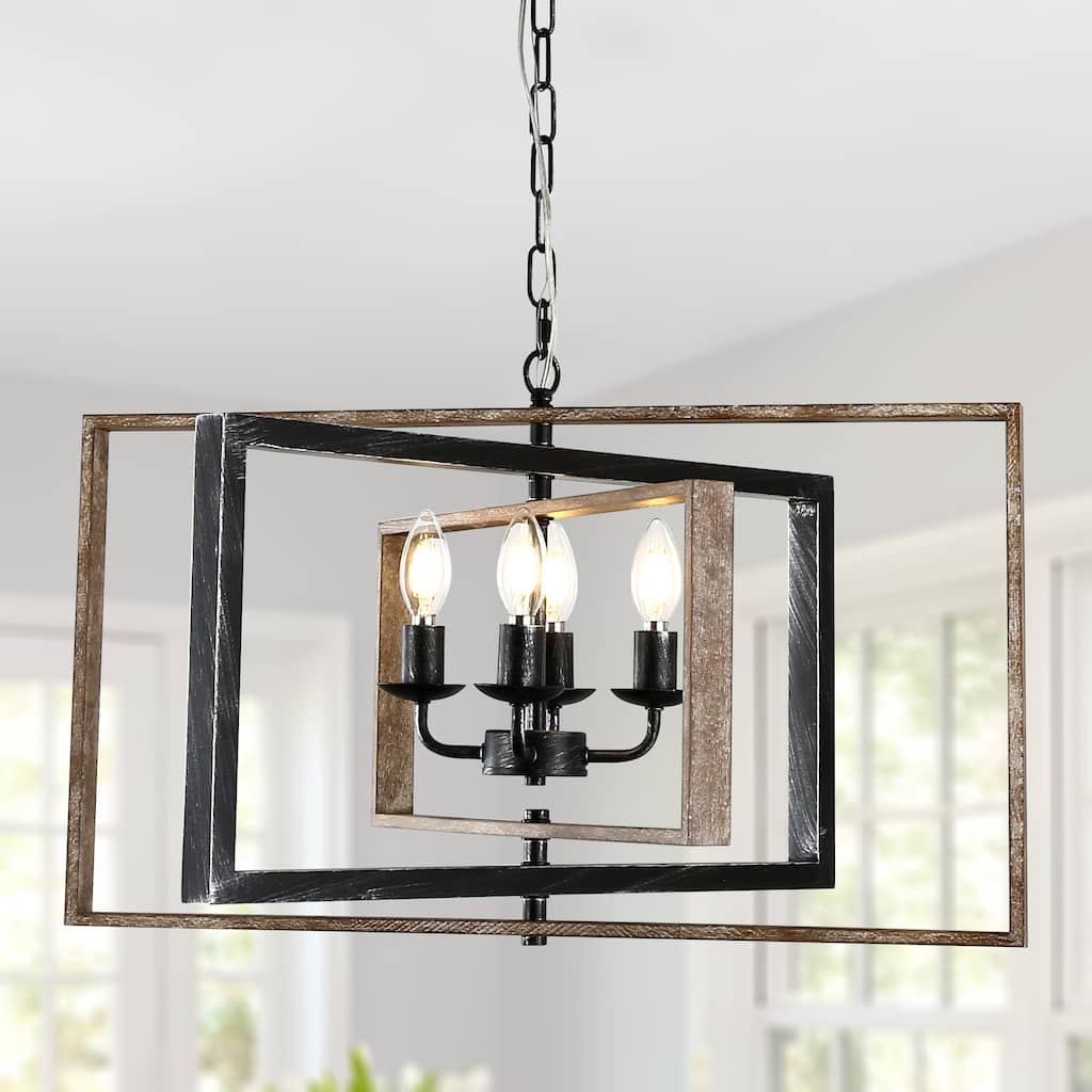 Oaks Aura Wooden Chandelier,Rectangular Frame Pendant Light,Farmhouse Hanging Lamp,Height Adjustable for Living Room,Dining Room
