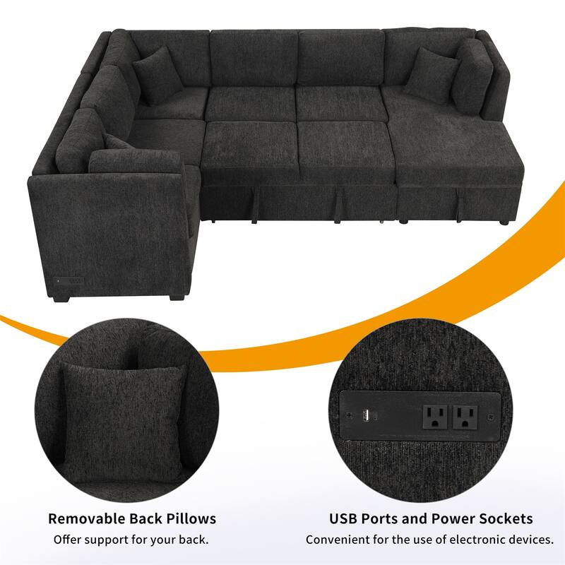 108.6" U-shaped Sectional Sofa with 3 Back Pillows & a Storage Chaise