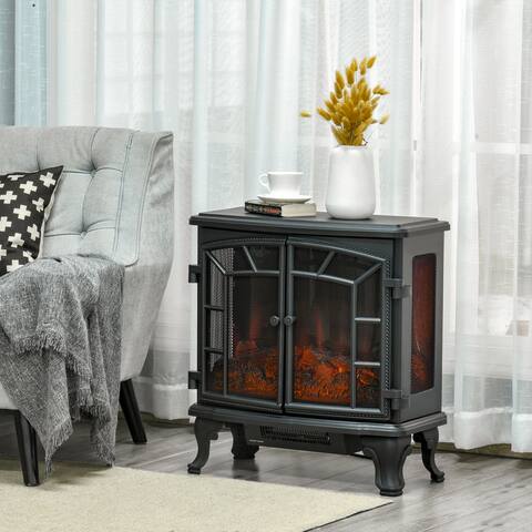 HOMCOM 25" Electric Fireplace Wood Stove, Freestanding Fireplace Heater, Timer and Remote Control, 750W/1500W, Black