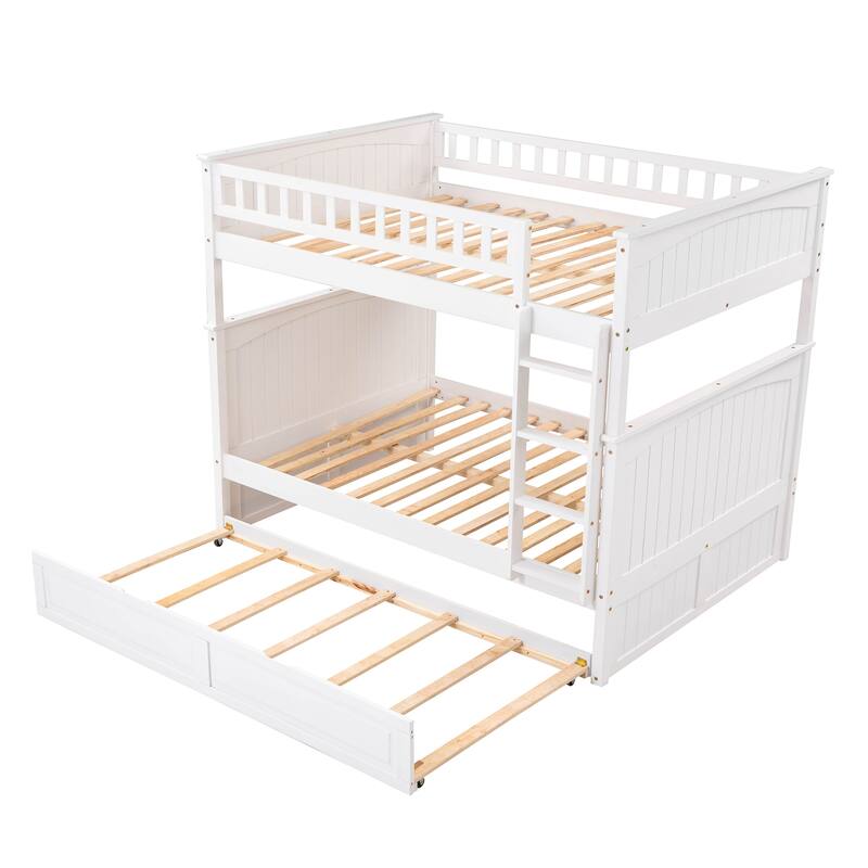Full Over Full Bunk Bed with Twin Size Trundle, Pine Wood Bunk Bed with Guardrails, Brushed Gray