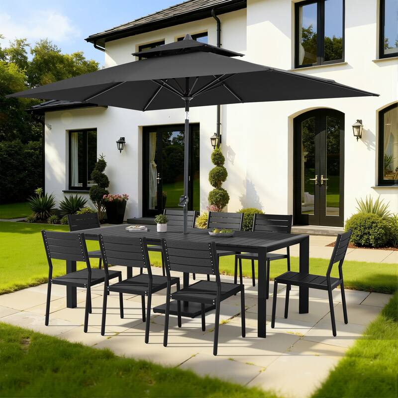 9/11-Piece Outdoor Dining Set w/10 ft Umbrella and Base Aluminum Dining Table and Stackable Chairs - Set of 11 - Black Table with Black Umbrella