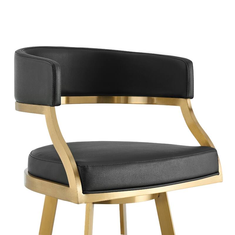 Black Faux Leather Bar Height Chair with Gold Frame, Swivel and Armrests - 20.5” x 21” x 42” (D x W x H)