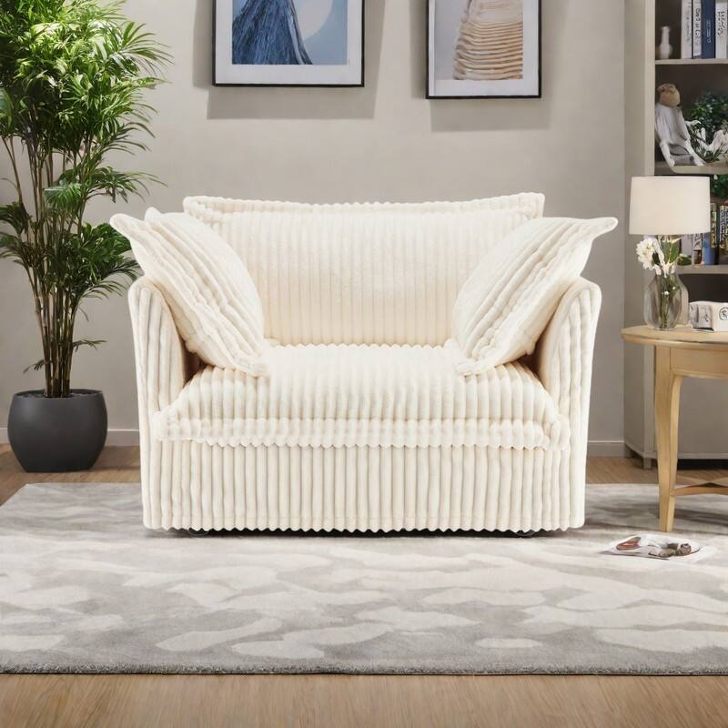 Corduroy Slipcovered Armchair with Deep Seat, 3 Large Pillows and 300lb Capacity - Cream