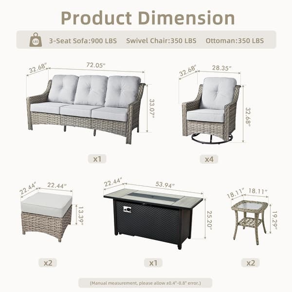 dimension image slide 5 of 8, OVIOS 10-piece Patio Wicker Swivel Rocking Chair Set With Fire Pit