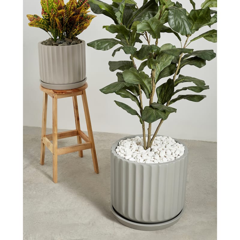 Indoor/Outdoor Large 1-piece Nordic Minimalist Fiberstone Lightweight Round Planter Pot With Grooves Saucer - 16, 13, 11 in - 12.5 In. H X 13.75 In. W X 13.75 In. L - Smooth Grey