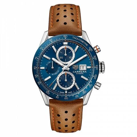 Tag Heuer Men's 'Carrera' Chronograph Brown Leather Watch - Blue